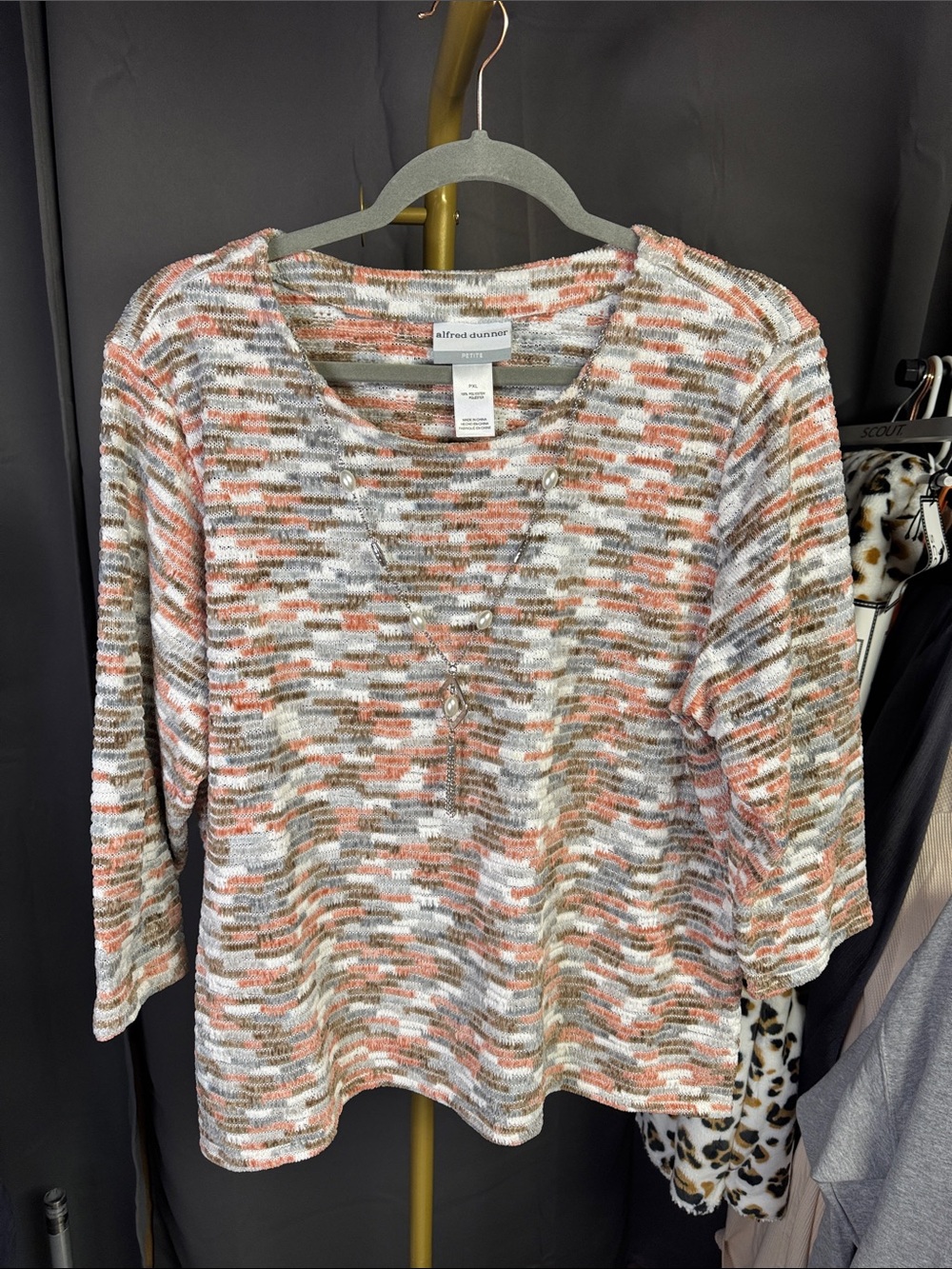 Alfred Dunner Coral, Gray & White Striped Knit Top